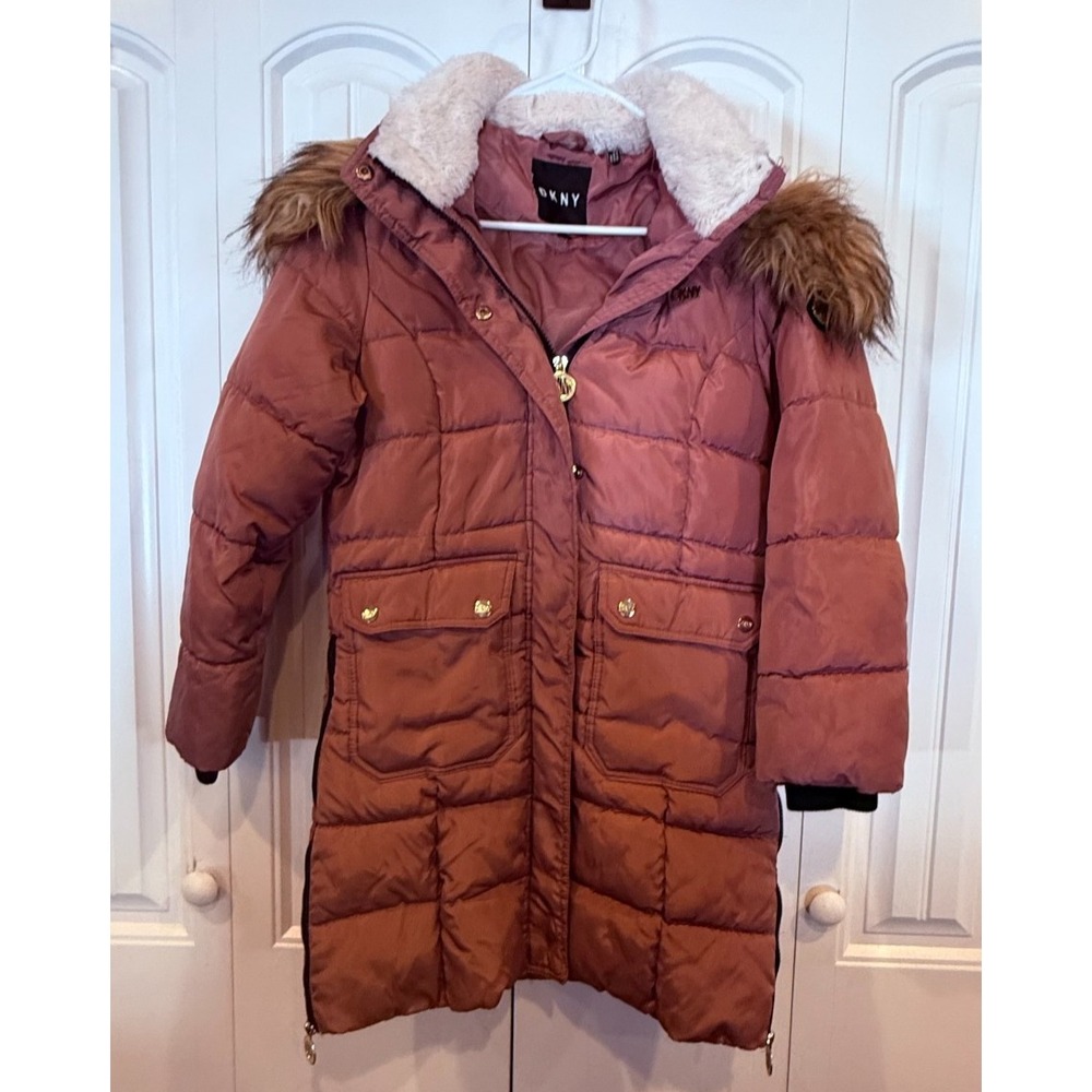 DKNY Girls Pink Puffer Coat Faux Fur Hood Long Winter Jacket Size 10/12 M/L